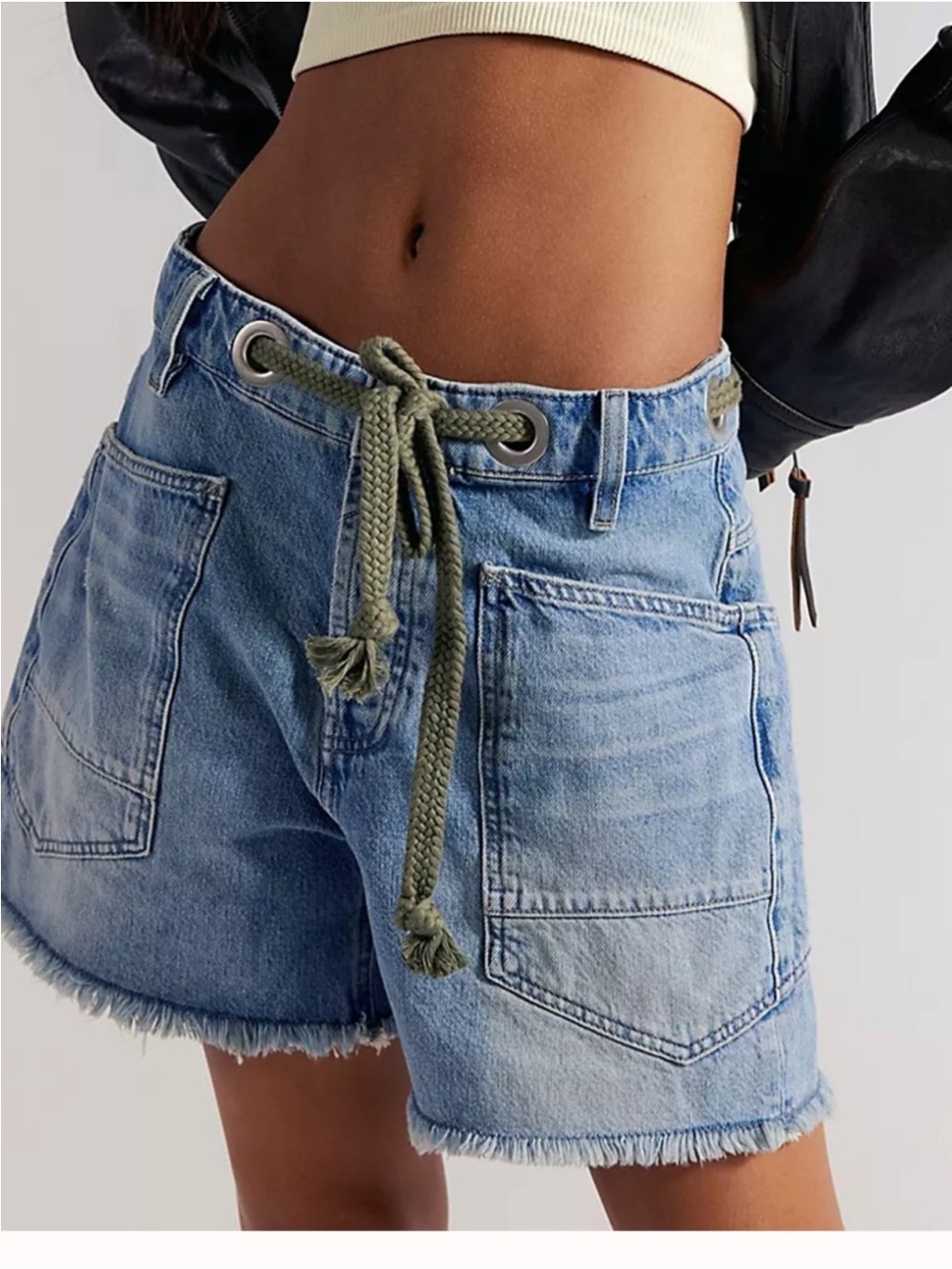 Free People Light Blue Denim Jean Shorts with Olive Rope Belt